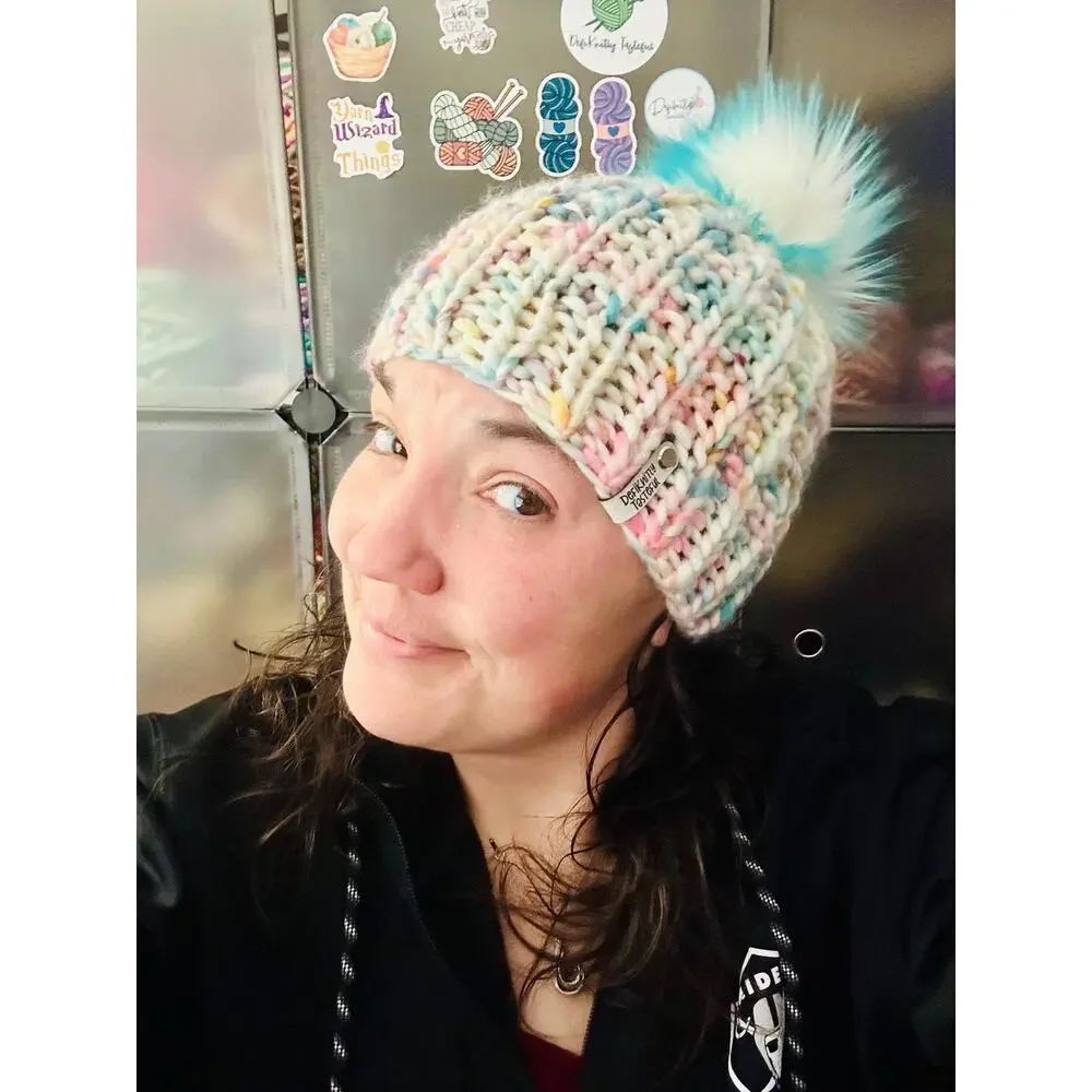 Hand Knit Merino Wool Beanie: DefiKnitly Tasteful Knit Hat with Faux Fur Pom